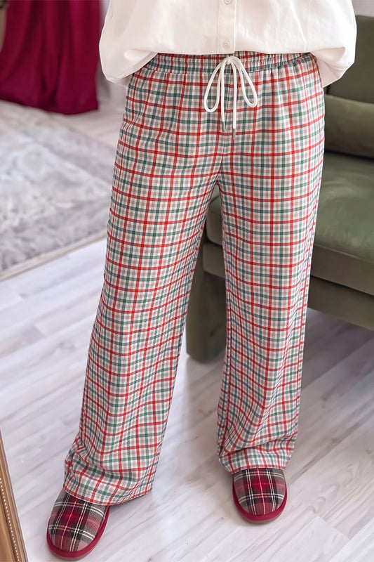 Multicolour Festive Plaid Drawstring Elastic Waist Pants