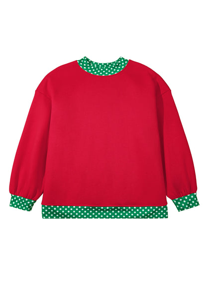 Racing Red Polka Dot Patchwork Round Neck Plus Size Sweatshirt