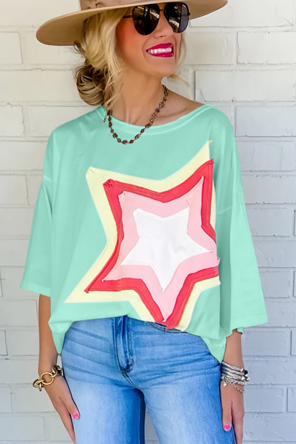 T-shirt oversize à manches mi-longues et patchs étoiles Moonlight Jade Colorblock