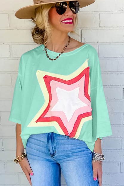T-shirt oversize à manches mi-longues et patchs étoiles Moonlight Jade Colorblock