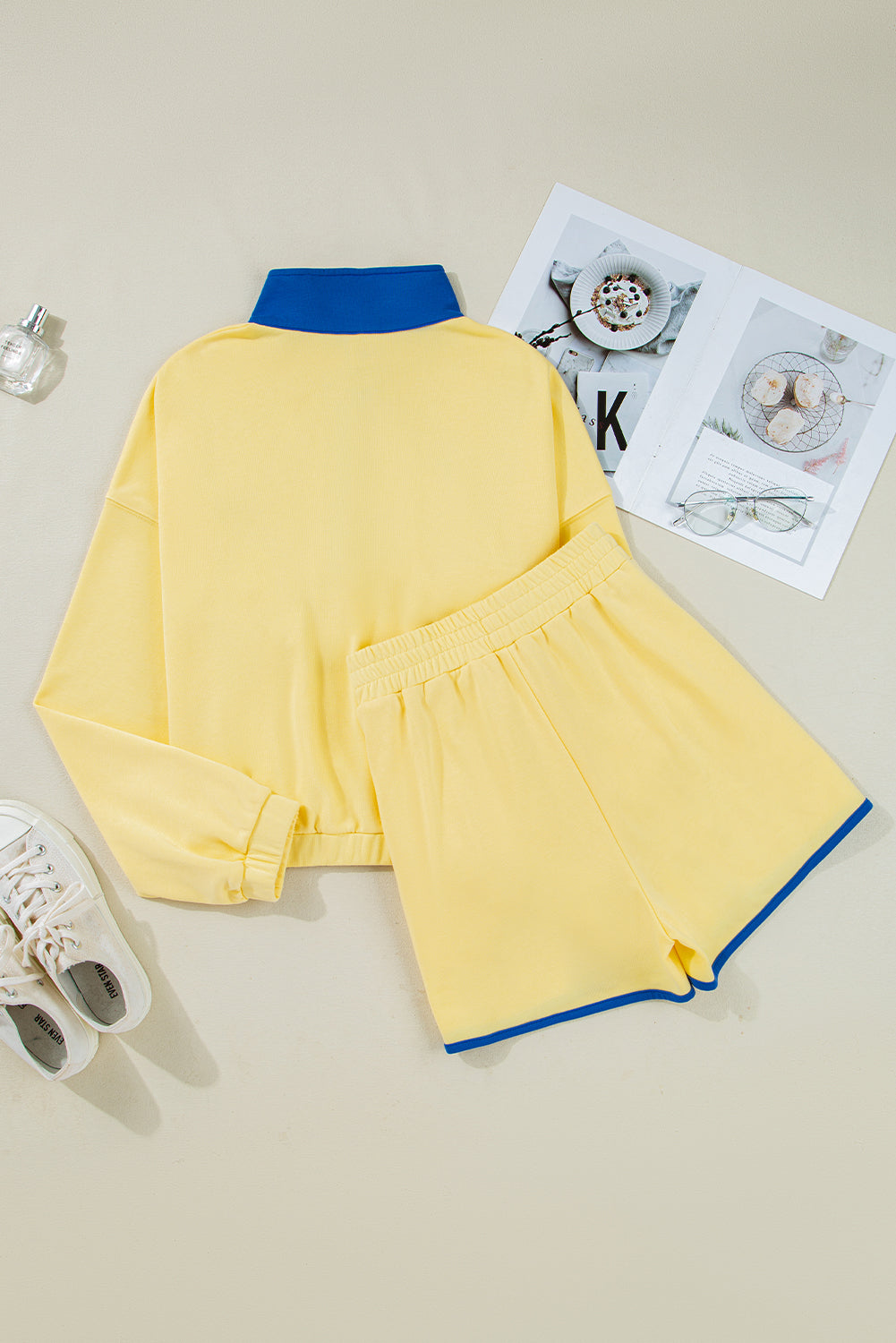 Yellow Color Block Patchwork Half Button Pullover and Shorts 2pcs Outfit