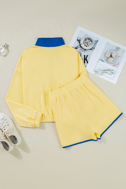 Yellow Color Block Patchwork Half Button Pullover and Shorts 2pcs Outfit