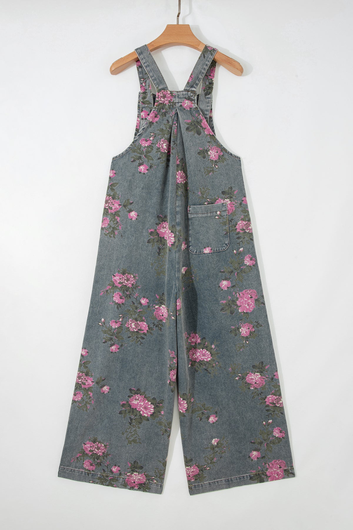 Gray Beau Floral Print Pleated High Waist Wide Leg Denim Jumpsuit