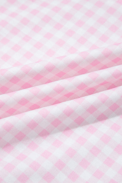 Pink Plaid Zip Neck Sleeveless Top Elastic Waist Shorts Casual Two Piece Short Set