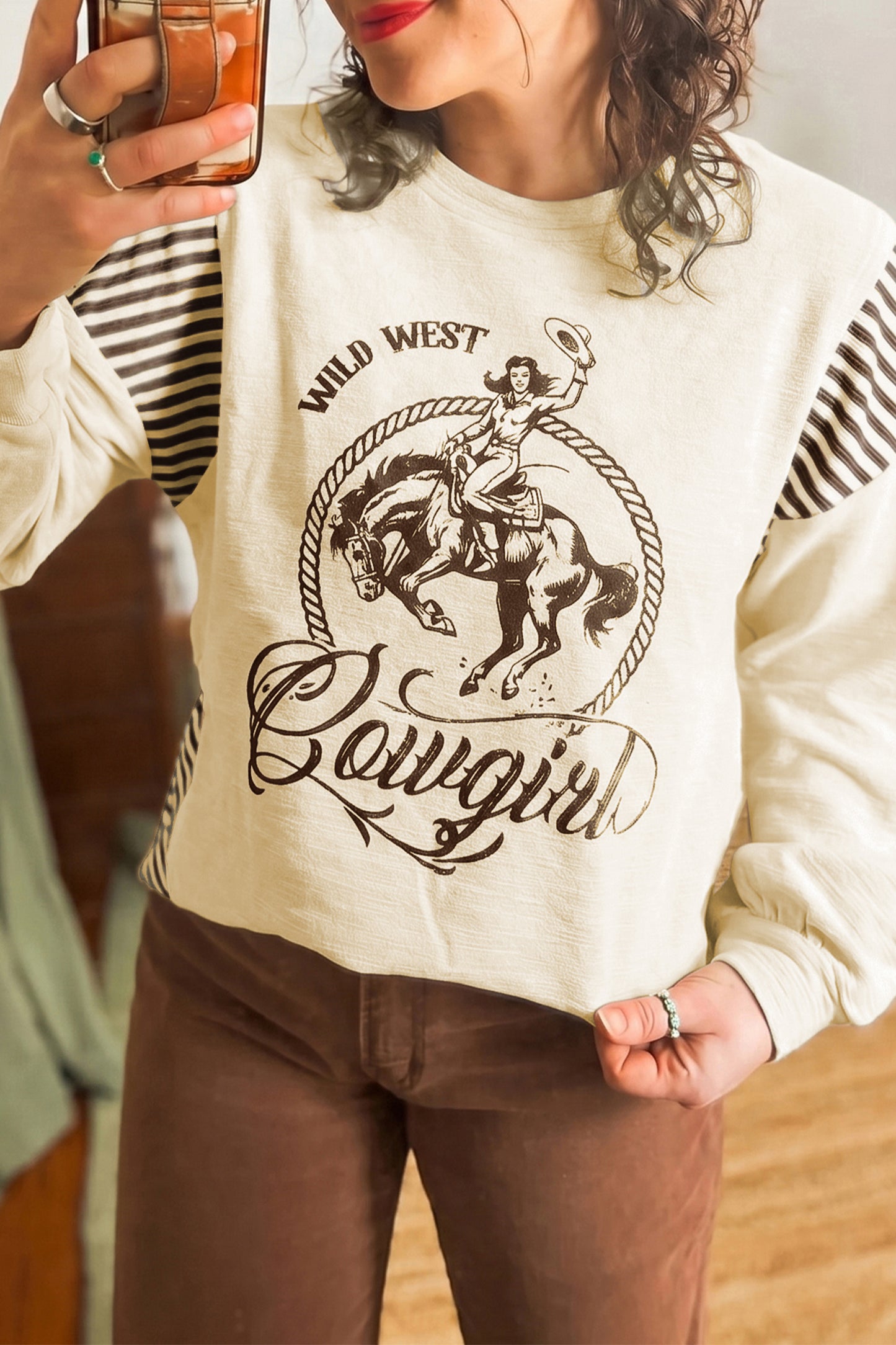 Jet Stream Western Print Striped Detail Long Sleeve Casual Top