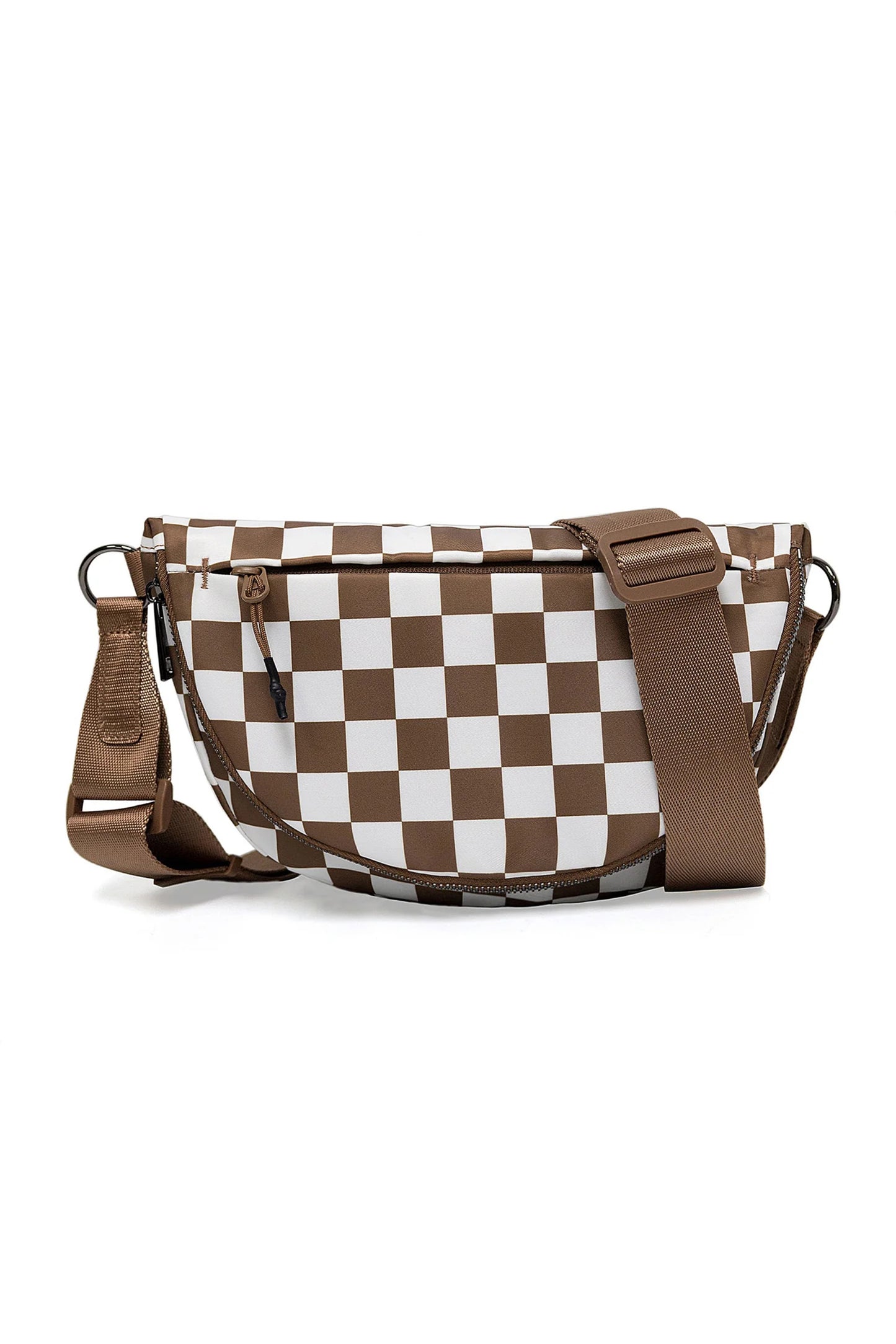 Coffee Checkered Canvas Crescent Shoulder Bag
