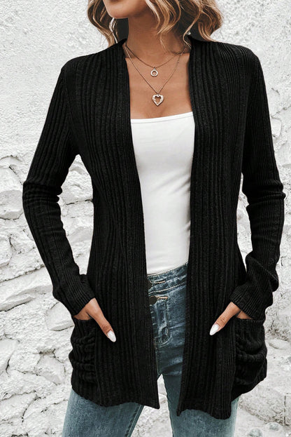 Stone Blue Ribbed Open Front Knitted Top with Pockets