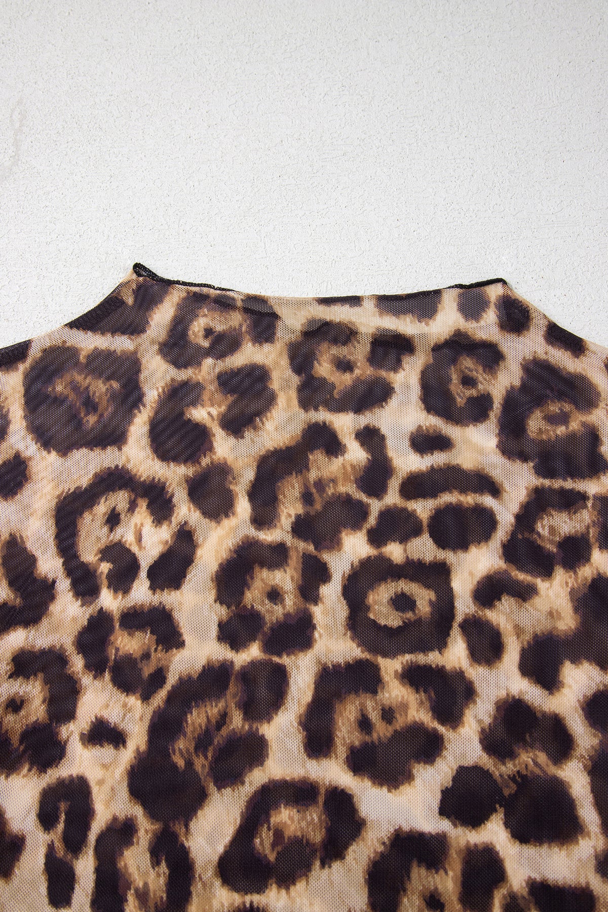 Camel Leopard Print Slim Fit Mesh Long Sleeve Mock Neck Top