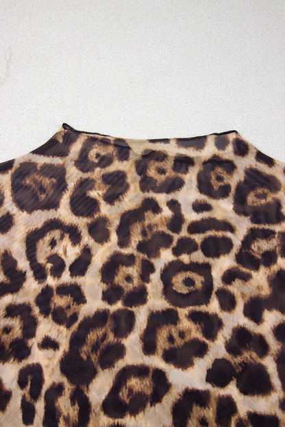 Camel Leopard Print Slim Fit Mesh Long Sleeve Mock Neck Top