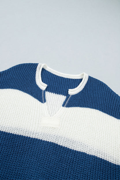 Blue Stripe Striped Colorblock Knit V Neck Short Sleeve Loose Sweater