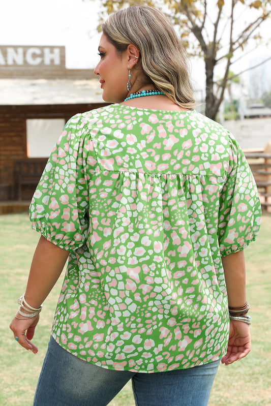 Green Plus Size Floral Tassel Tie Split Neck Puff Sleeve Blouse