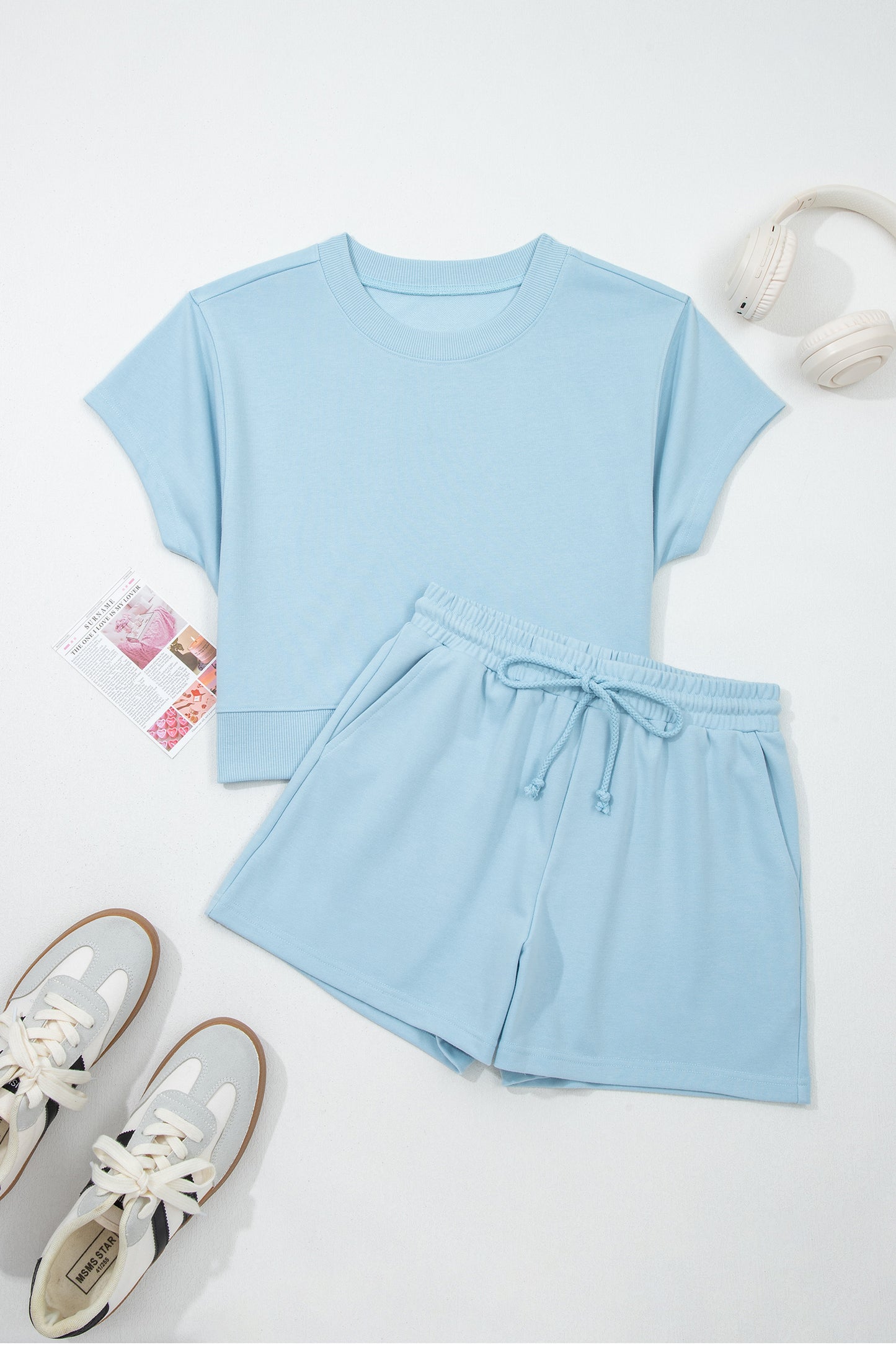Mist Blue Solid Color Loose Tee Drawstring Shorts 2pcs Outfit