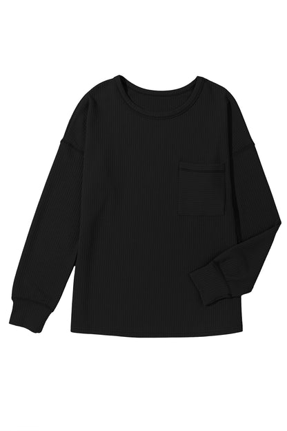 Black Solid Color Corded Drop Shoulder Long Sleeve Top