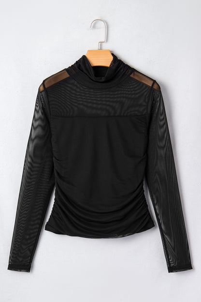 Black Sheer Mesh Patchwork High Neck Long Sleeve Top