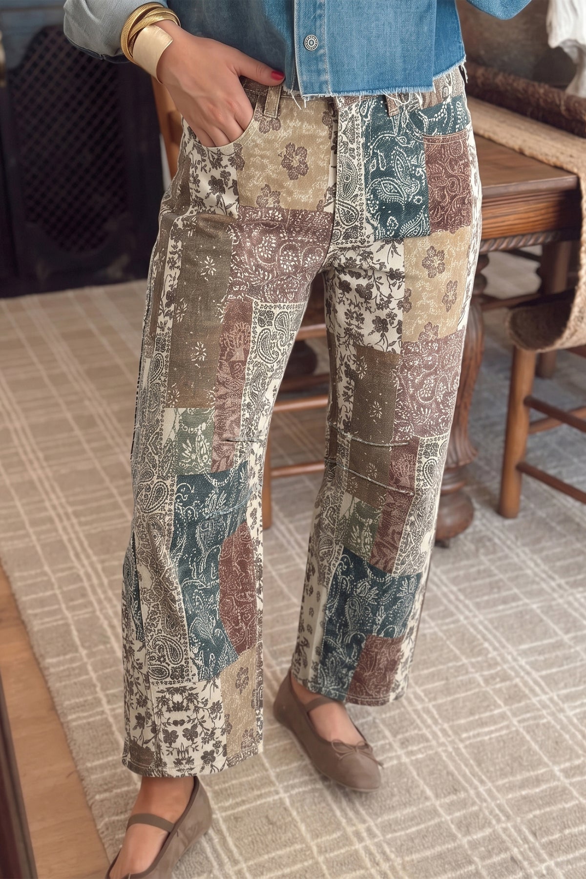 Multicolour Boho Floral Patchwork Western Print Straight Leg Ankle-Length Jeans
