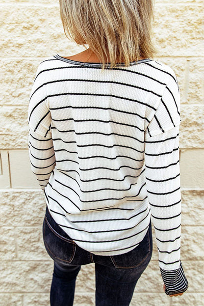 White Striped Buttoned Henley Waffle Knit Top