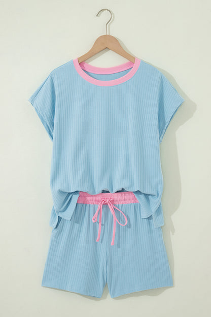 Yellow Cream Soft Ribbed Color Block Trim Casual Short Set