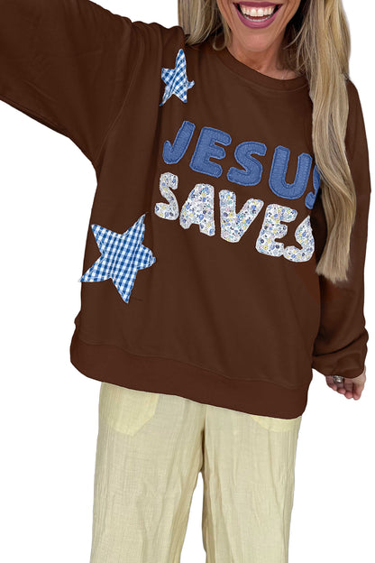 Coffee Patchwork Stars Plaid Unique Floral Letters Baggy Sweatshirt