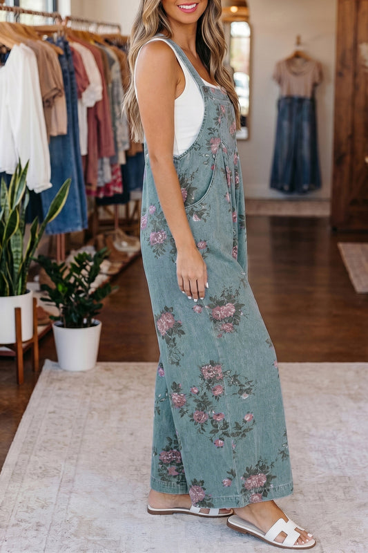 Beau Blue Floral Print Pleated High Waist Wide Leg Denim Jumpsuit