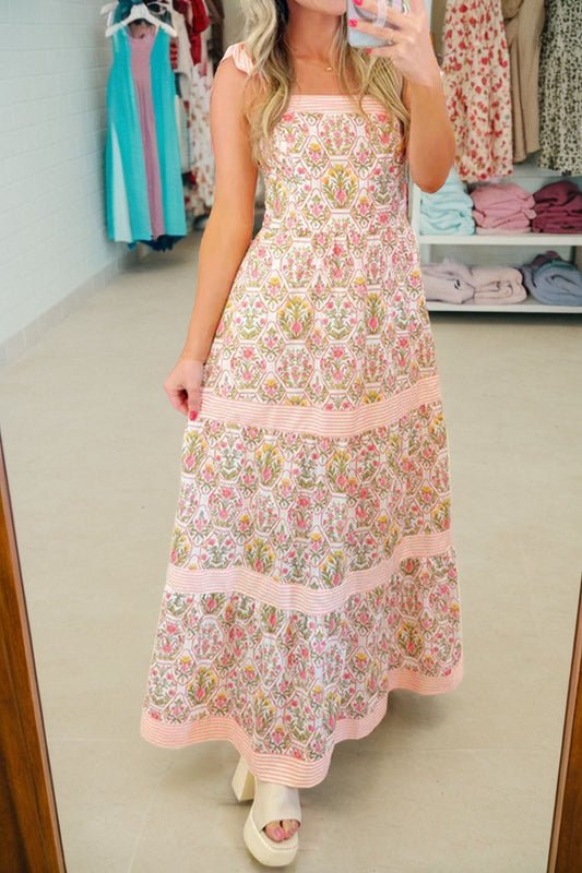Pink Geometric Floral Print Striped Patchwork Detail Sleeveless Dress（Runs Small ）