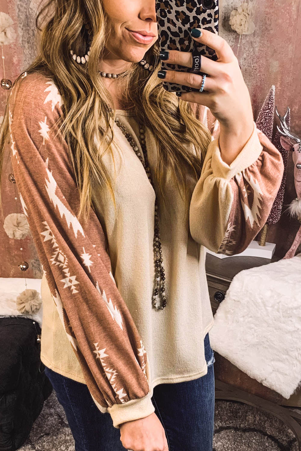 Haut à manches longues avec patch imprimé western abricot 