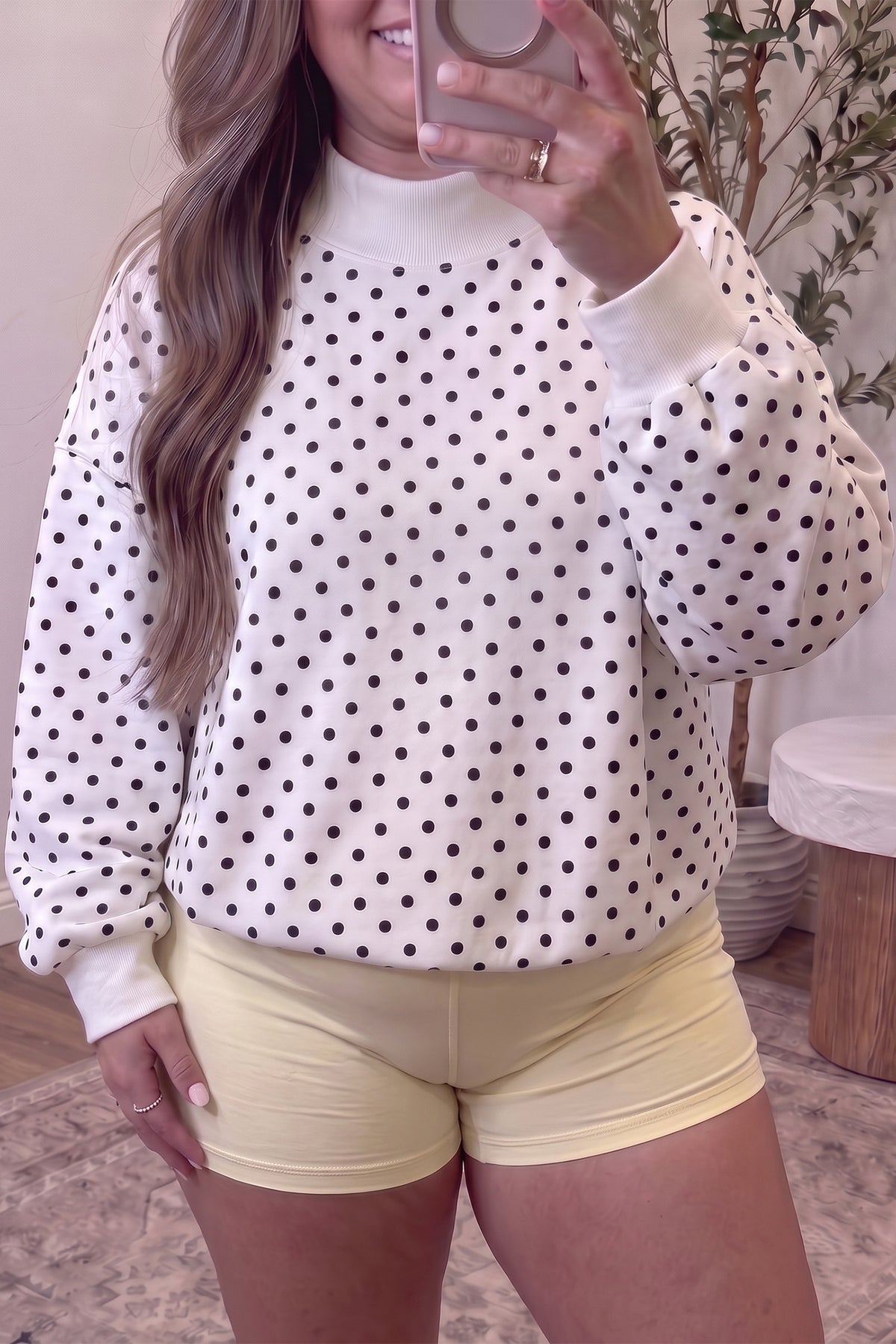 White Polka Dot Ribbed Stand Neck Plus Size Casual Sweatshirt