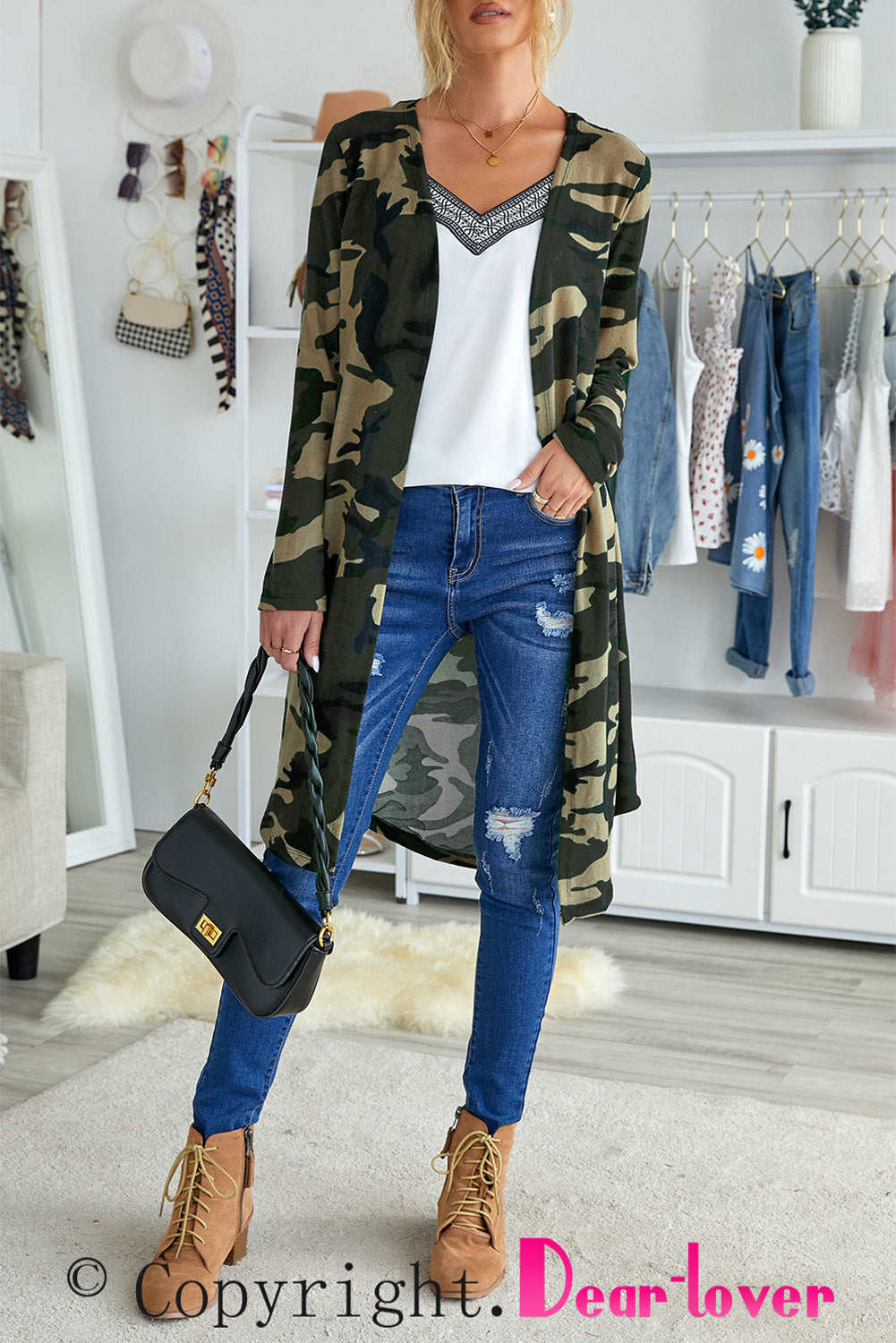 Cardigan long à imprimé camouflage vert