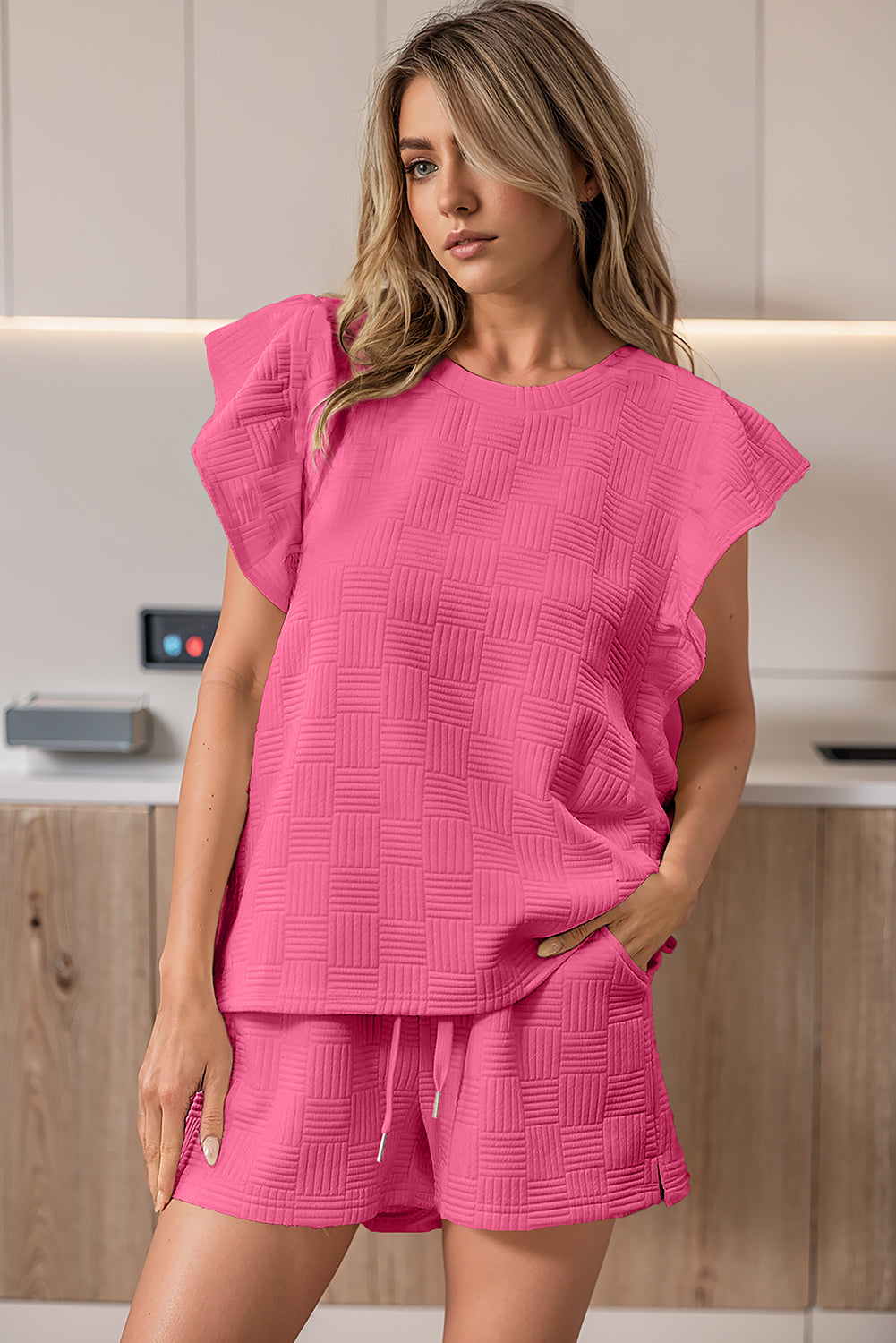 Bonbon Textured Ruffled Sleeve Tee and Drawstring Elastic Waistband Shorts Set