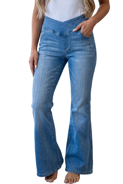 Dusk Blue Crossed Waist Western Flared Full-length Jeans