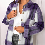 Purple Plaid Color Block Buttoned Long Sleeve Jacket with Pocket