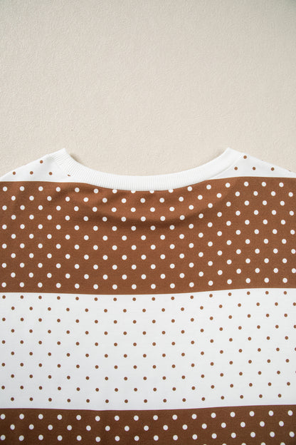 Brown Polka Dot Patchwork Colorblock Long Sleeve Top