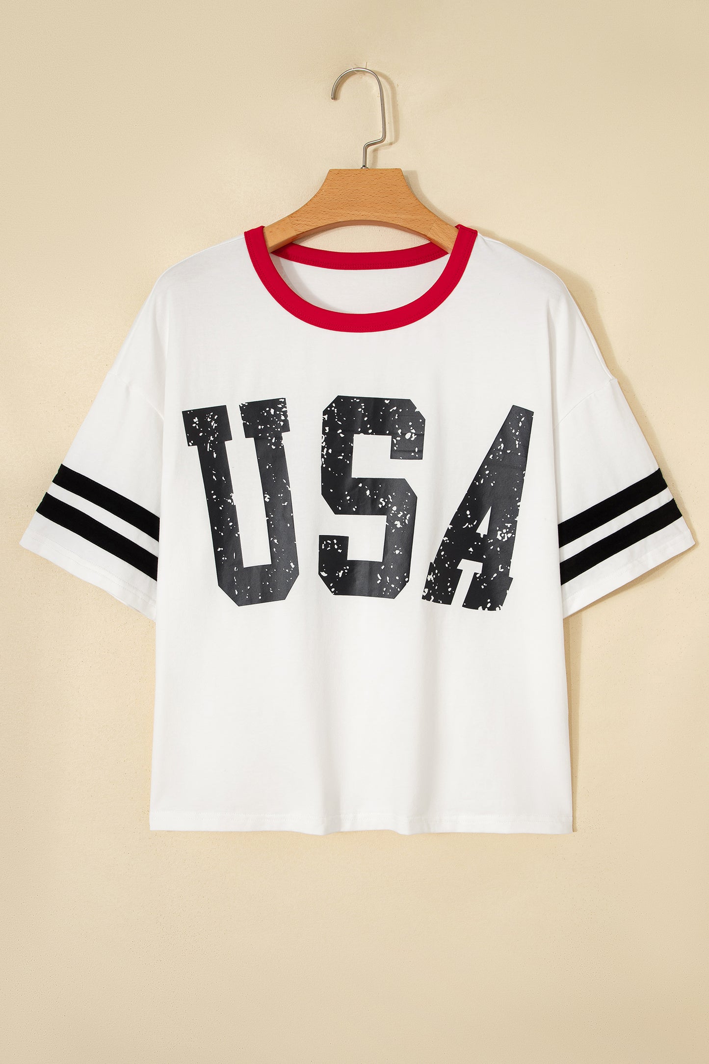 White USA Letter Printed Varsity Striped Sleeve Round Neck Tee