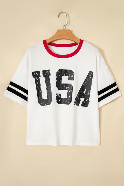 White USA Letter Printed Varsity Striped Sleeve Round Neck Tee