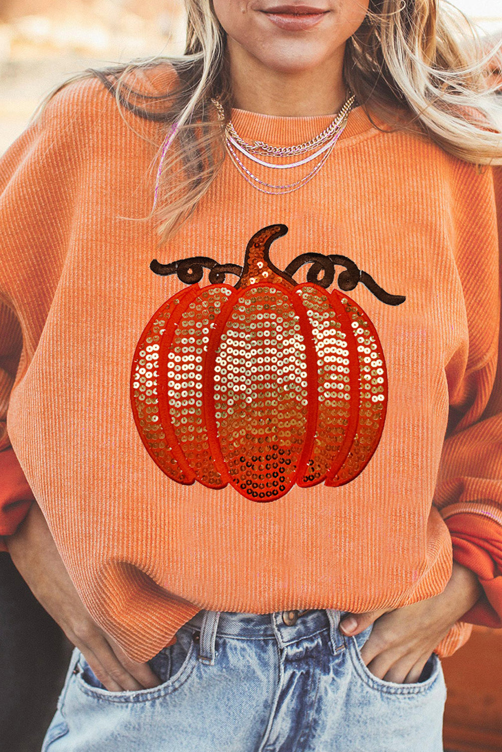 Sweat-shirt d'Halloween à col rond côtelé et paillettes oranges motif citrouille
