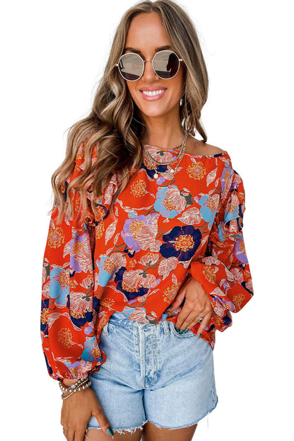 Red Floral Print Ruffle Puff Sleeve Blouse