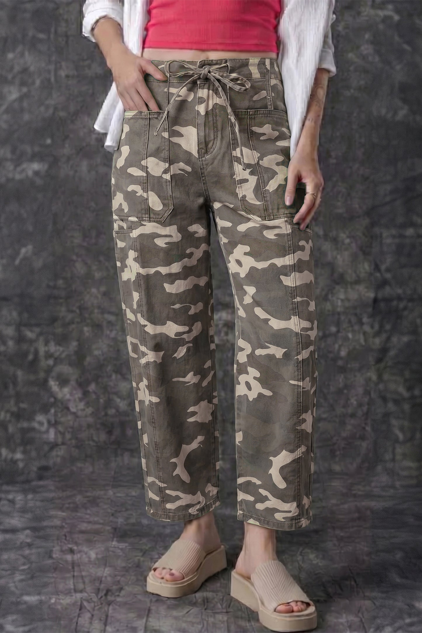 Green Leopard Printed Drawstring Elastic Waistband Pocketed Barrel Jeans