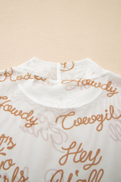 White Howdy Hey Yall Mesh High Neck Long Sleeve Top