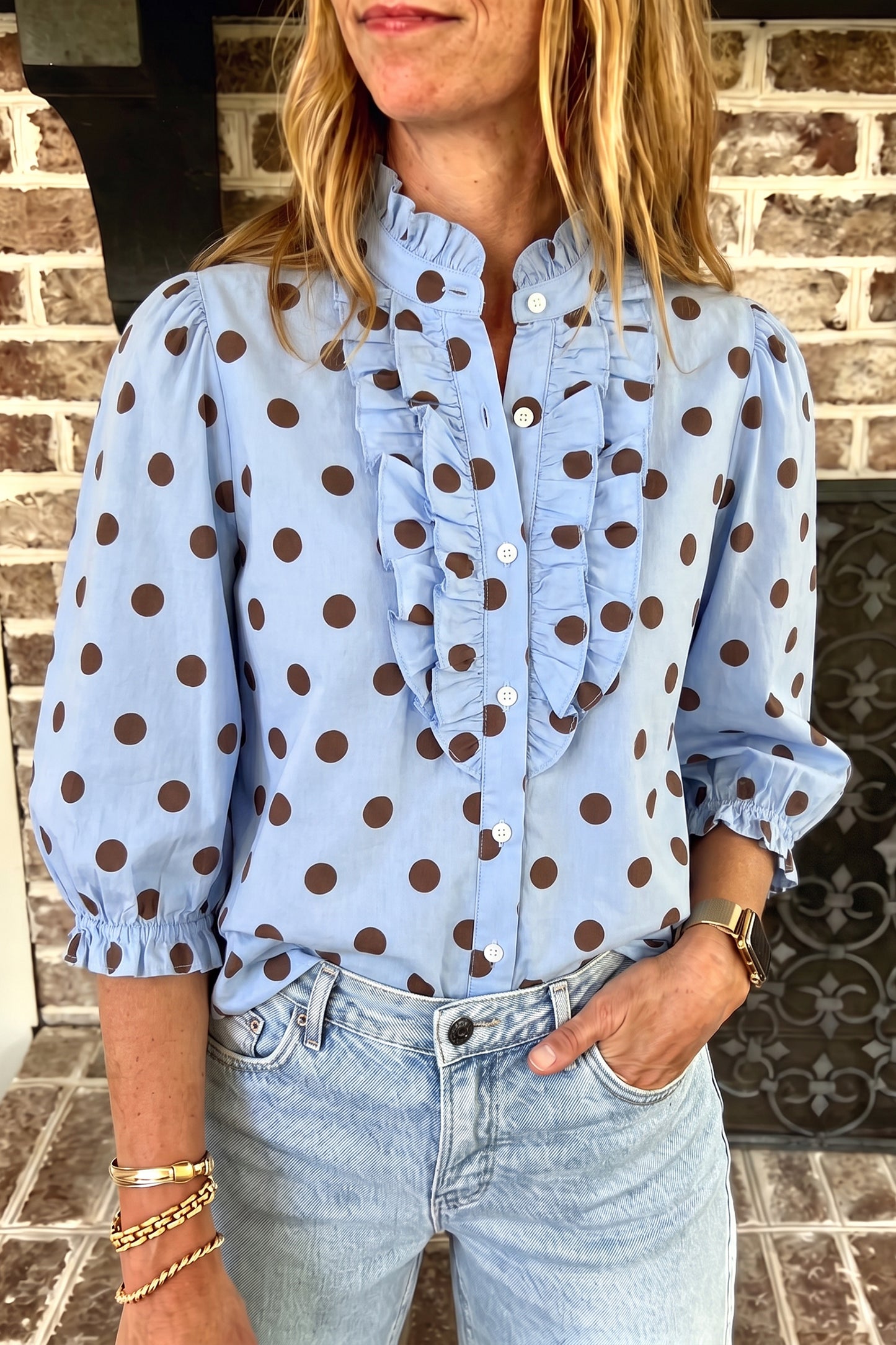 Sky Blue Polka Dot Striped Print Ruffle Stand Neck 3/4 Sleeve Shift Shirt