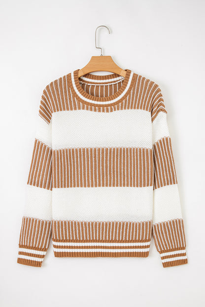 Light Blue Two Tone Striped Patchwork Drop Shoulder Loose Sweater