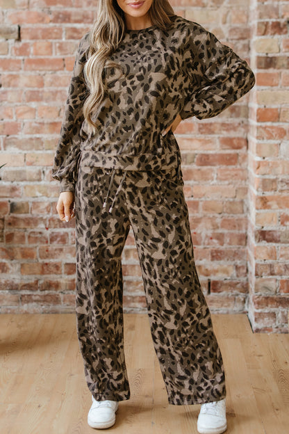 Brown Leopard Print Raw Seam Patchwork Pullover Drawstring Loose Pant Set
