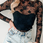 Black Sheer Floral Lace Mesh Mock Neck Long Sleeve Top