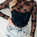 Black Sheer Floral Lace Mesh Mock Neck Long Sleeve Top
