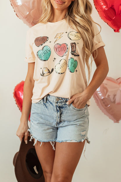 Khaki Western Fashion Valentine Graphic T-shirt