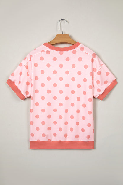 Blue Color Block Trim Polka Dot Casual Tee