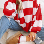 Fiery Red Checkered Bishop Sleeve Sweater