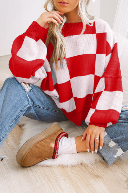 Dark Brown Checkered Bishop Sleeve Sweater