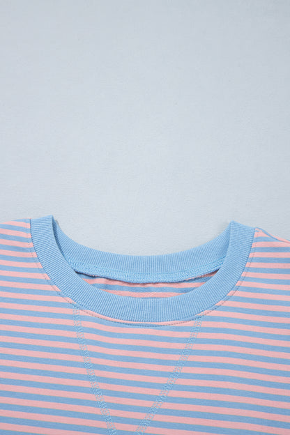 Sky Blue Stripe Colorblock Scalloped Trim Loose 3/4 Sleeve Top