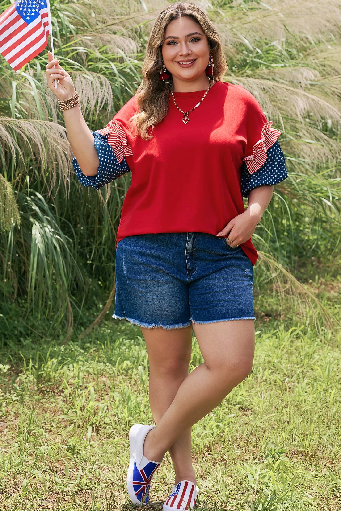 Fiery Red Plus Size Striped Ruffles Star Short Bubble Sleeve Patchwork Top