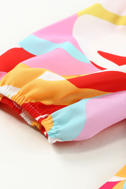 Minivestido babydoll fruncido con estampado geométrico multicolor