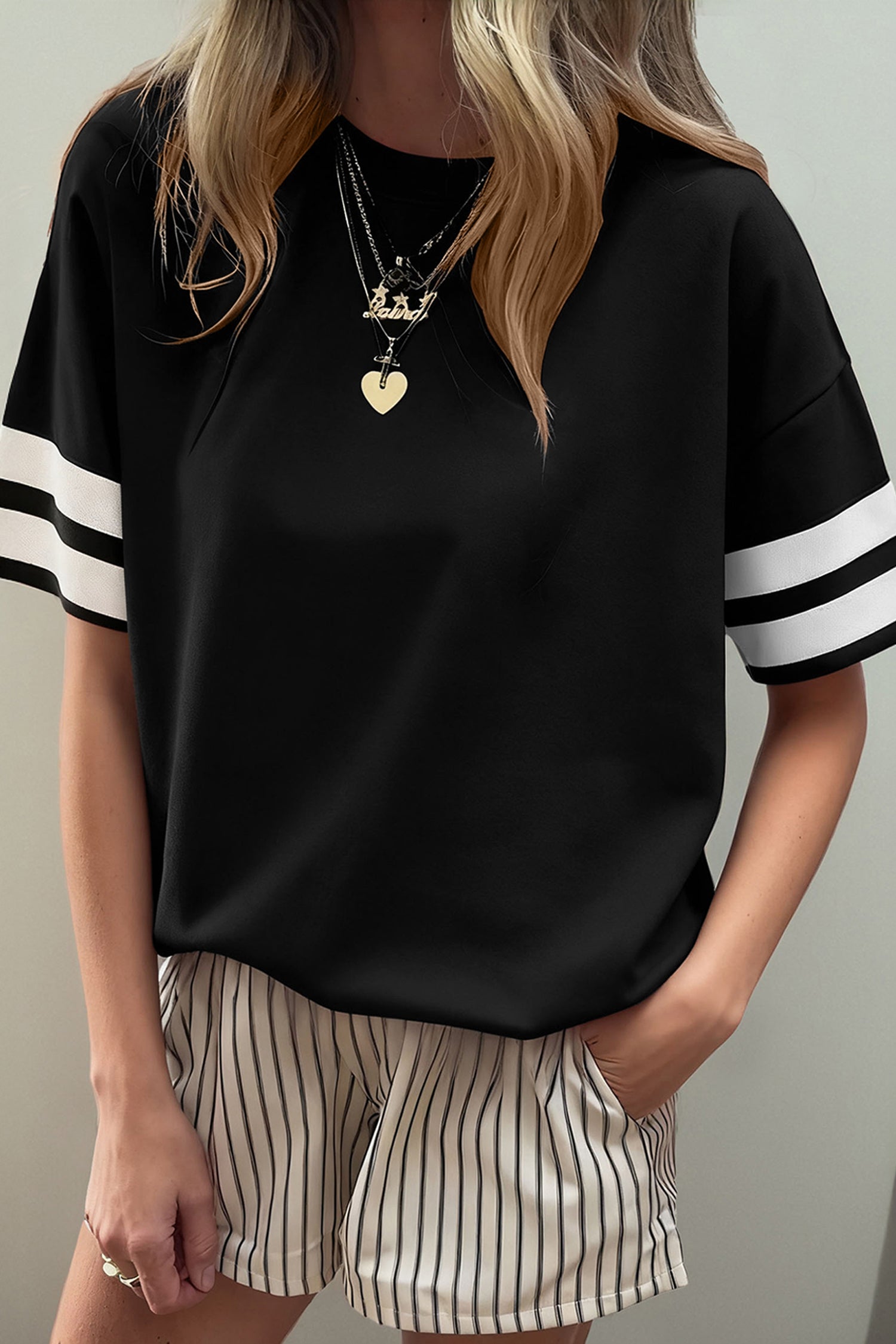 Black Varsity Striped Short Sleeve Crew Neck T Shirt